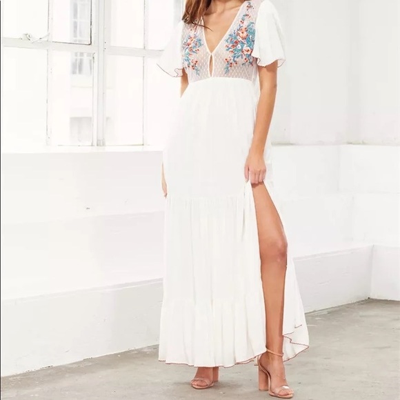 White Cleo Cotton Boho Maxi Dress W/Side Slits Hand Embroidered Stitch Detailing - Picture 13 of 16